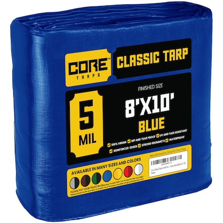 Core Tarps Heavy Duty Tarp, 10 ft L x 0.5 mm H x 8 ft W, 5 Mil, Blue, Polyethylene CT-505-8X10